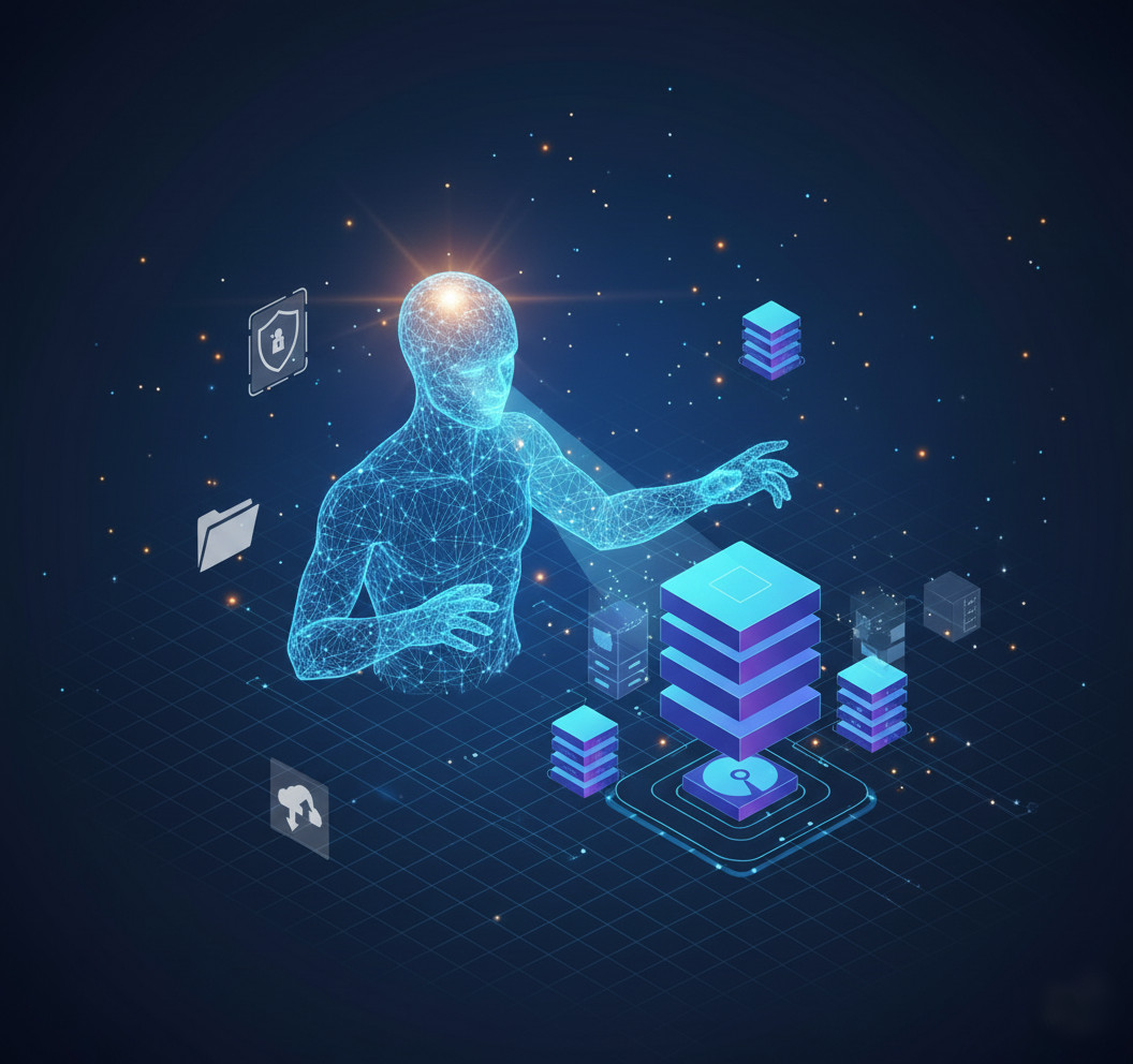 AI assistant illustration interacting with knowledge base (stylized graphics with vectors and neural networks)